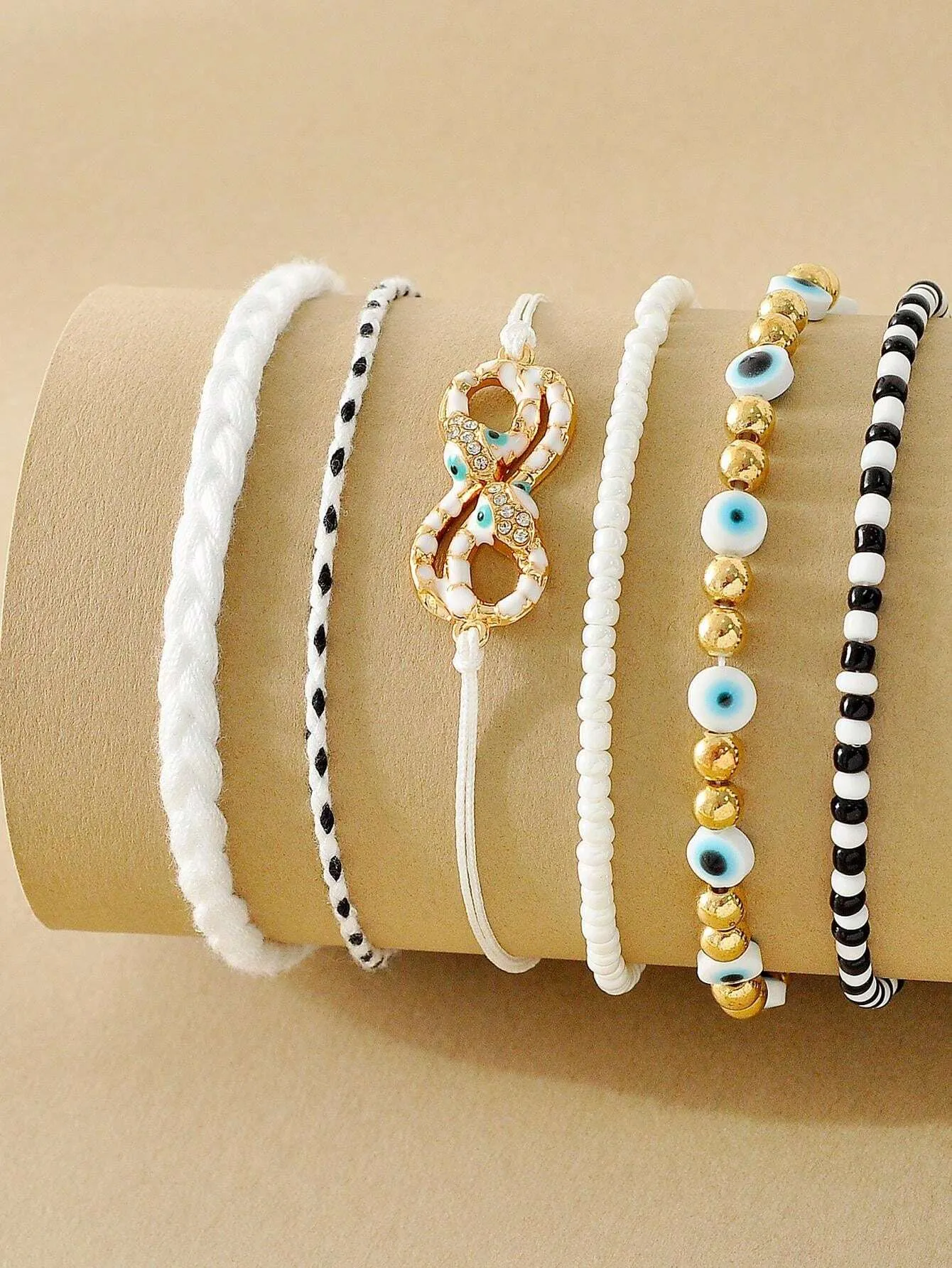 10986 1b-055 6 Piezas De Pulseras Ajustables A La Moda Bohemias Tejidas Y Decoradas Con Ojo Y Cristal