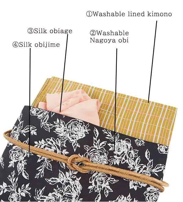 Kimono 4 Piece Coordinate Set / Kimono, Obi, Obi-age, Obi-jime / tailored L Size/yellow Lattice pattern