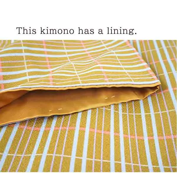 Kimono 4 Piece Coordinate Set / Kimono, Obi, Obi-age, Obi-jime / tailored L Size/yellow Lattice pattern