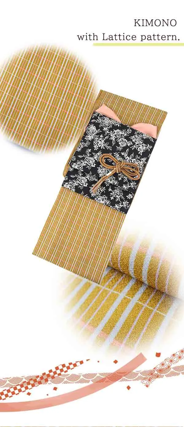 Kimono 4 Piece Coordinate Set / Kimono, Obi, Obi-age, Obi-jime / tailored L Size/yellow Lattice pattern