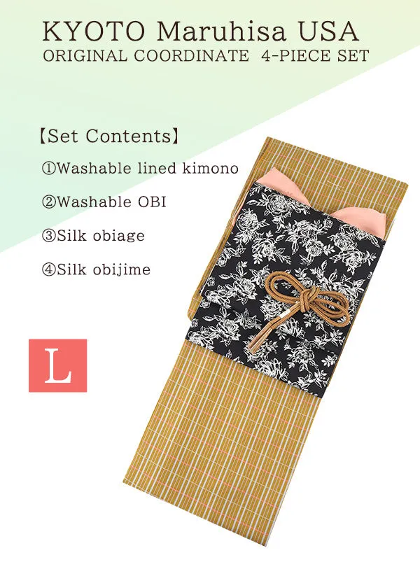 Kimono 4 Piece Coordinate Set / Kimono, Obi, Obi-age, Obi-jime / tailored L Size/yellow Lattice pattern