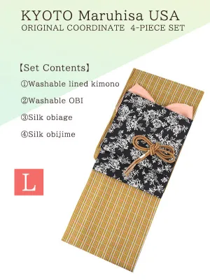 Kimono 4 Piece Coordinate Set / Kimono, Obi, Obi-age, Obi-jime / tailored L Size/yellow Lattice pattern
