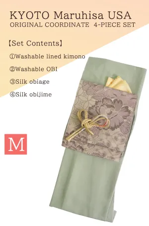 Kimono 4 Piece Coordinate Set / Kimono, Obi, Obi-age, Obi-jime / tailored M Size/green Plain Blossom