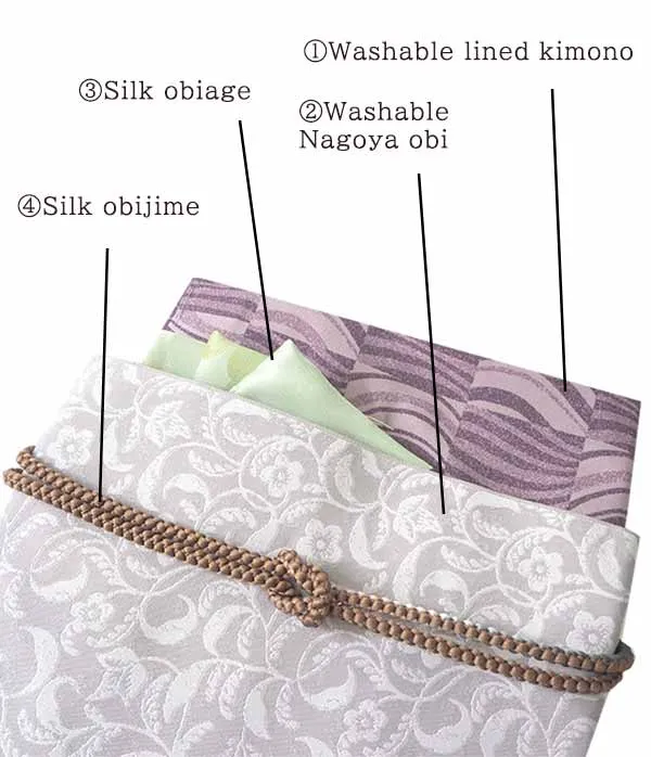 Kimono 4 Piece Coordinate Set / Kimono, Obi, Obi-age, Obi-jime / tailored M Size/purple Wave pattern
