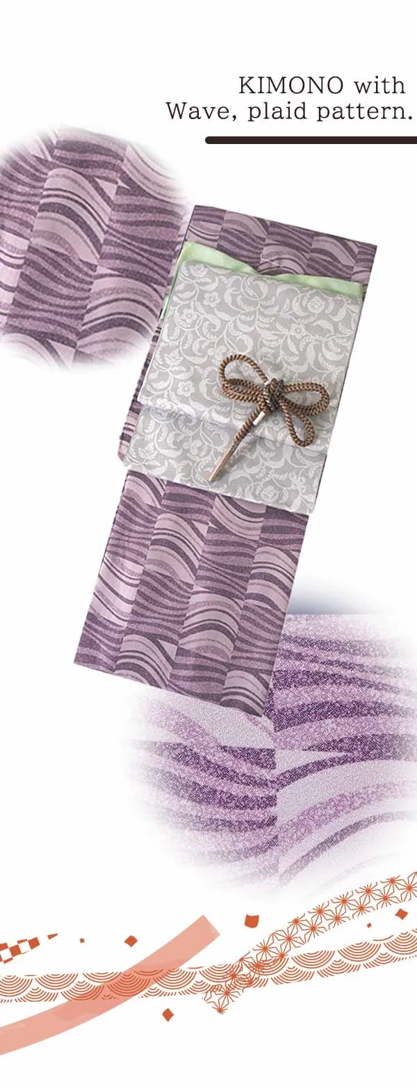 Kimono 4 Piece Coordinate Set / Kimono, Obi, Obi-age, Obi-jime / tailored M Size/purple Wave pattern