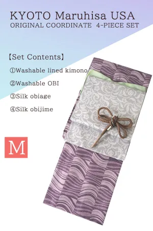 Kimono 4 Piece Coordinate Set / Kimono, Obi, Obi-age, Obi-jime / tailored M Size/purple Wave pattern
