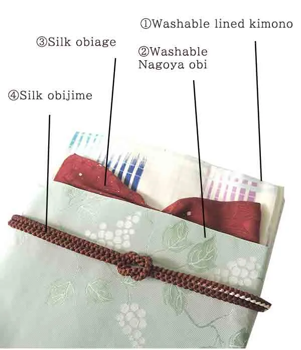 Kimono 4 Piece Coordinate Set / Kimono, Obi, Obi-age, Obi-jime / tailored M Size/white Plaid pattern