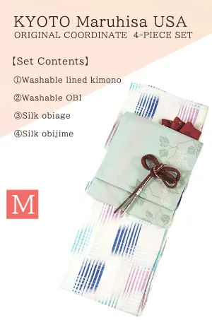 Kimono 4 Piece Coordinate Set / Kimono, Obi, Obi-age, Obi-jime / tailored M Size/white Plaid pattern